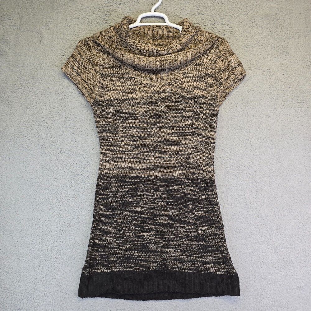LEI‎ Sweater Dress Junior L Y2K Beige Black Cowl Neck Chunky Knit Preppy